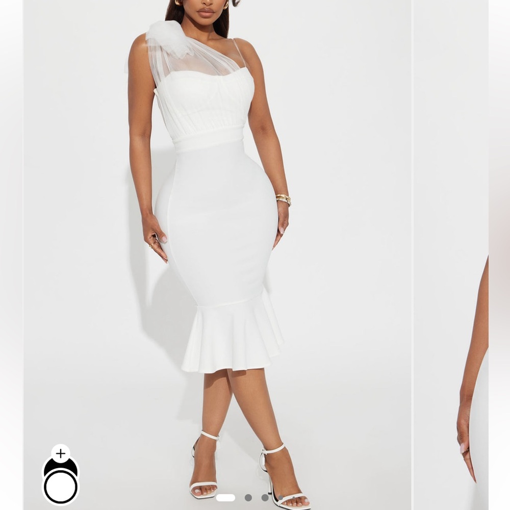 Fashion Nova White One-Shoulder Midi Dress with Flounce Hem